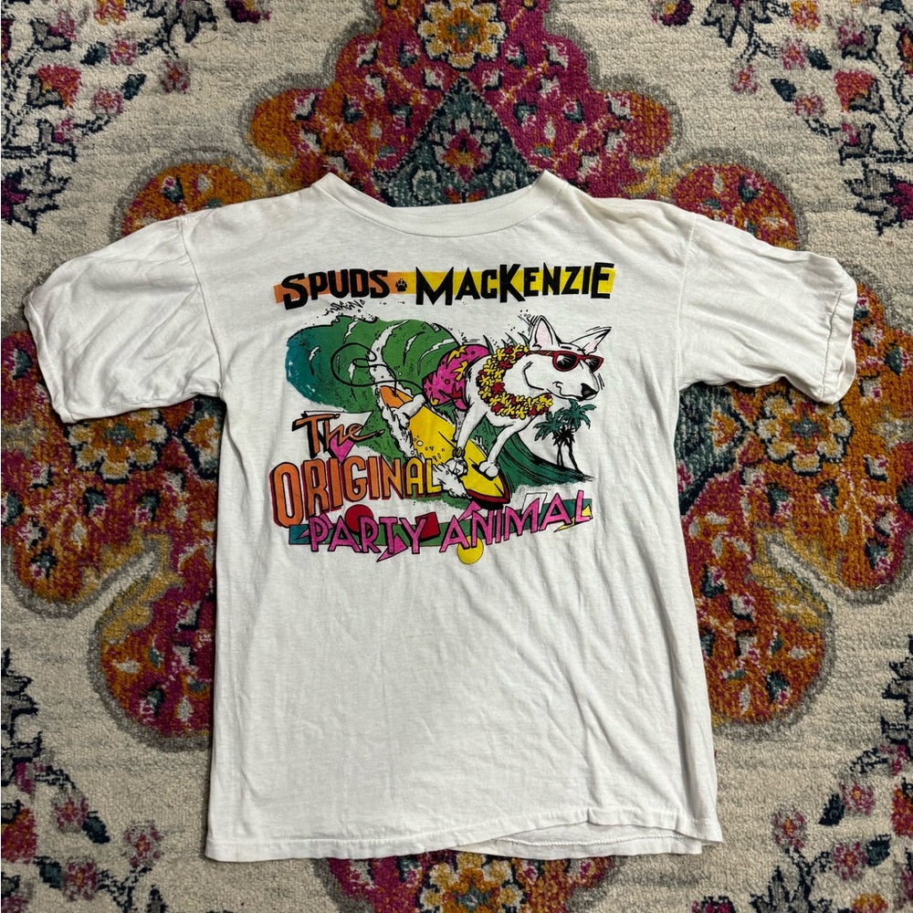Vintage XL 80s Bud Light Spuds Mackenzie Original Party Animal Shirt White Beer